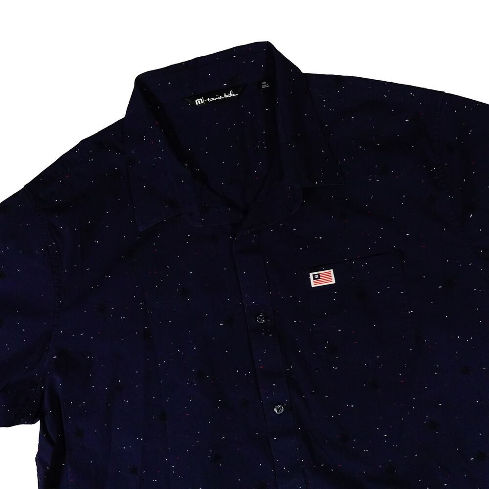 Travis Mathew Home of the Free Palm Tree USA Flag Button Up Blue Shirt XXL